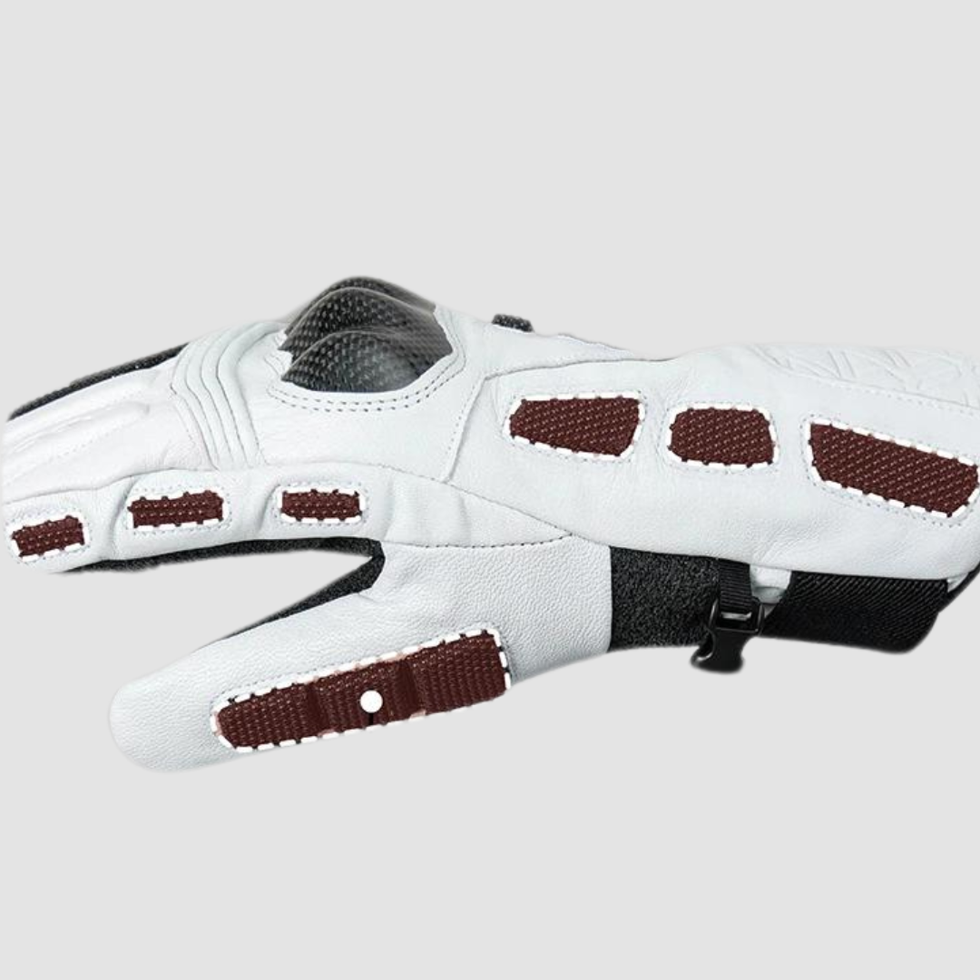 White and brown durable ski glove with Kevlar grip, carbon fiber knuckle protection, and Superfabric ceramic inserts for premium durability.